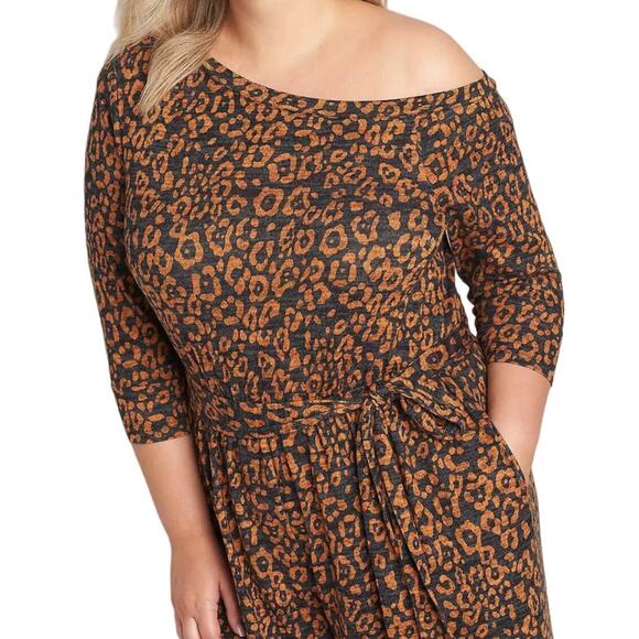 Lane Bryant Brown Black Leopard 3/4 Sleeve One-Shoulder Hacci Jumpsuit 34/36 - Picture 2 of 12